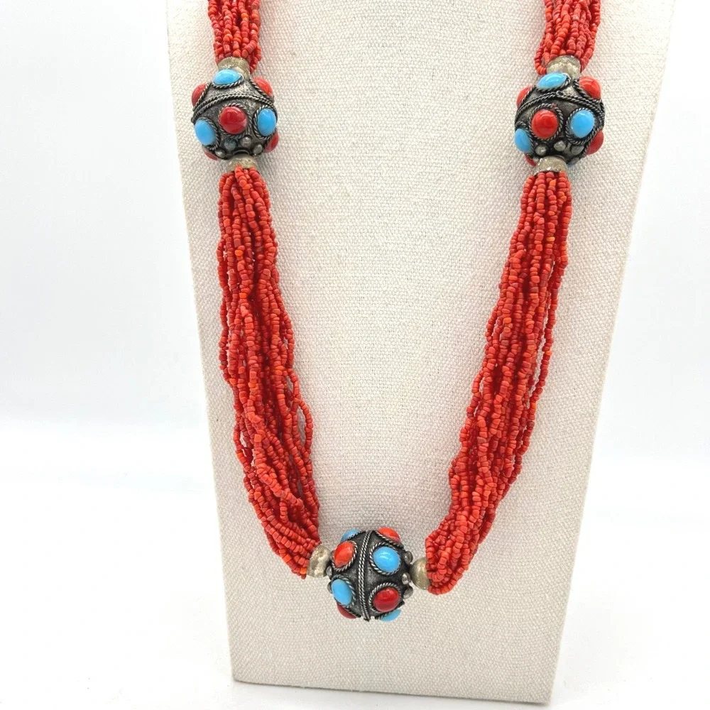 Vintage Multi Strand Red‎ Seed Bead Necklace Turquoise Filigree Statement 26in